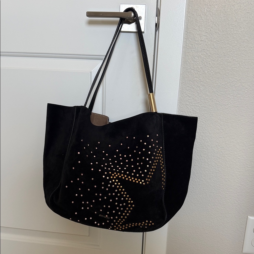 Jimmy Choo Stevie  Black Suede Tote with Gold Stud Detailing